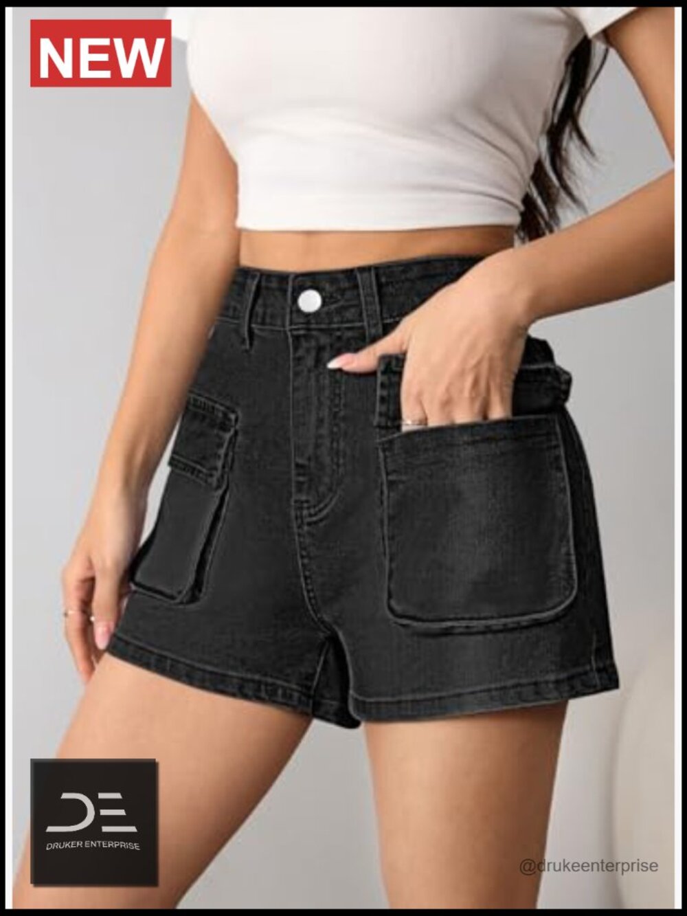 High Waisted Denim Shorts Casual Summer Hot Shorts Vintage Patch Pocket - Picture 4 of 7